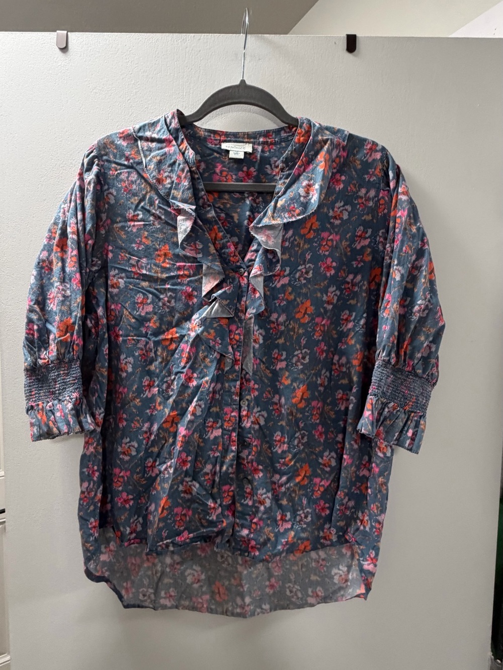 Sundance Floral Ruffle Button-Front Blouse - Navy with Pink & Coral Flowers